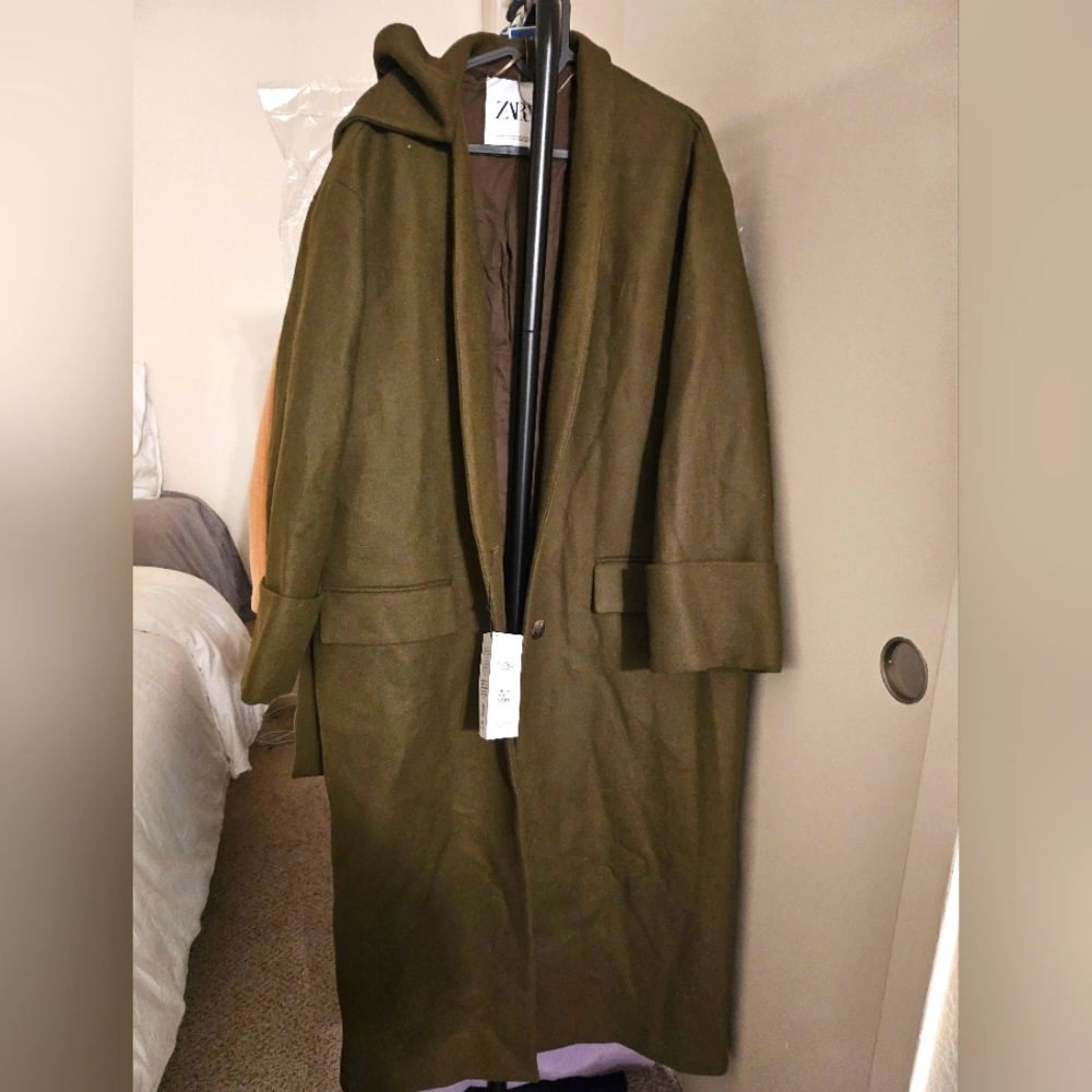 ZARA Manteco Wool Scarf Coat Dark Khaki XS NWT